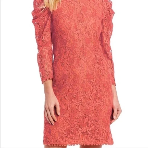 Vince Camuto Bright Coral Red Puff Sleeve MIDI Dress NWT - Picture 2 of 13